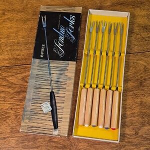 SET OF 6 FONDUE FORKS with Wooden Handles and Vintage Packaging